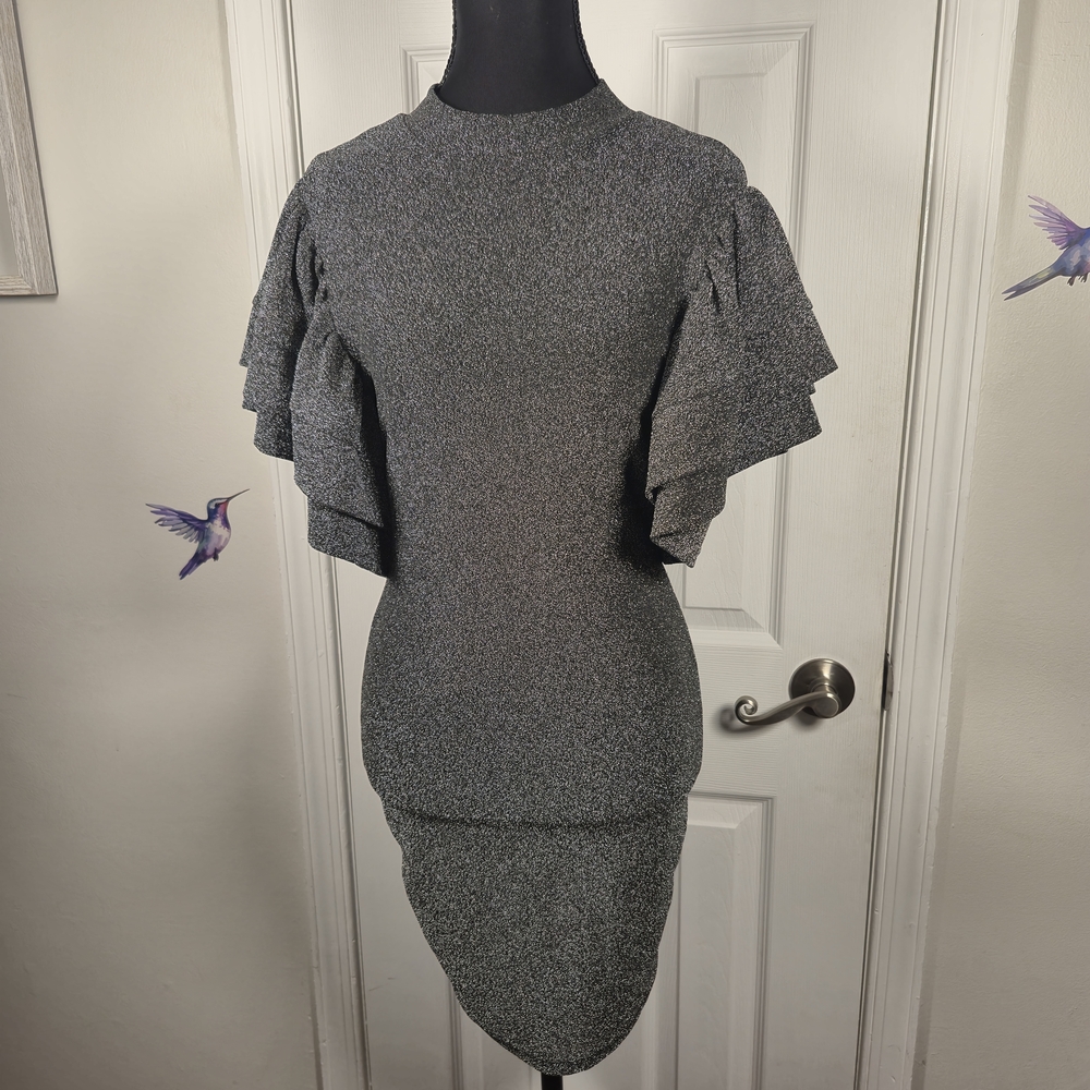 A3 Design Silver Metallic Lurex Tiered Ruffle Sleeve Bodycon Mini Dress Small - Picture 2 of 7